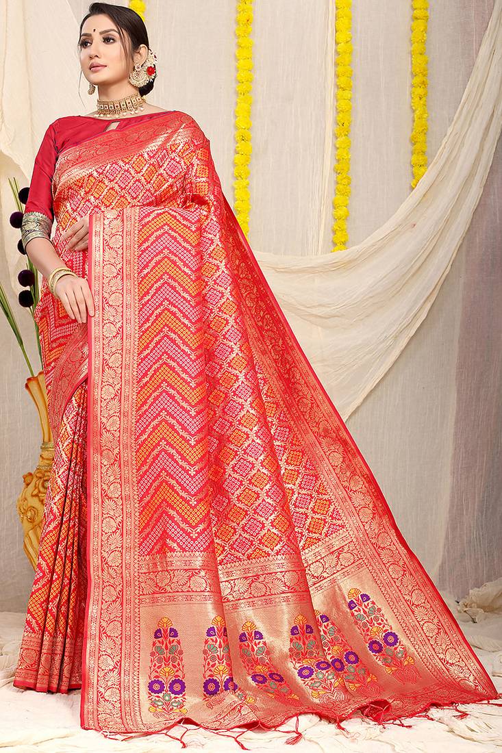 Red banarasi silk blend saree with bandhani patola print and zari border
