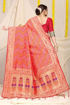 Red banarasi silk blend saree with bandhani patola print and zari border 2