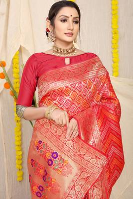 Red banarasi silk blend saree with bandhani patola print and zari border 3