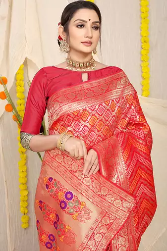 Red banarasi silk blend saree with bandhani patola print and zari border