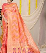 Peach banarasi silk blend saree with bandhani patola print and zari border