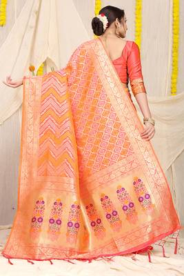 Peach banarasi silk blend saree with bandhani patola print and zari border 2