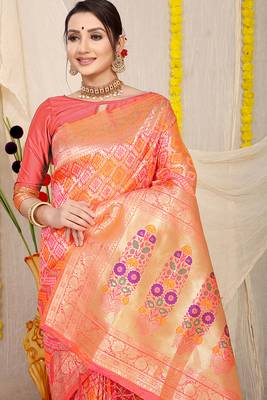 Peach banarasi silk blend saree with bandhani patola print and zari border 3