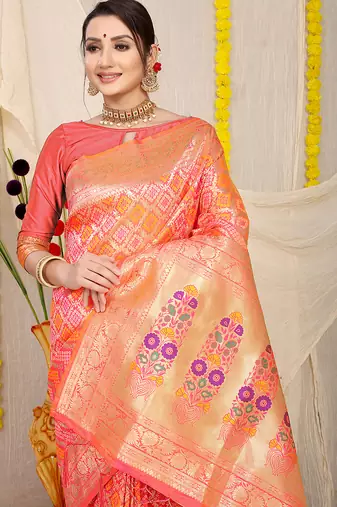 Peach banarasi silk blend saree with bandhani patola print and zari border