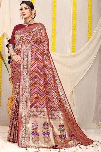 Maroon banarasi silk blend saree with bandhani patola print and zari border