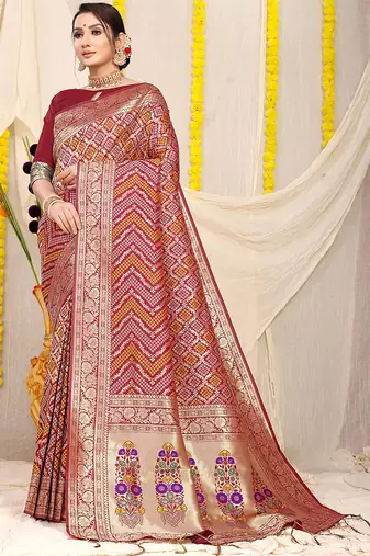 Maroon banarasi silk blend saree with bandhani patola print and zari border