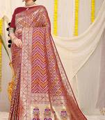 Maroon banarasi silk blend saree with bandhani patola print and zari border