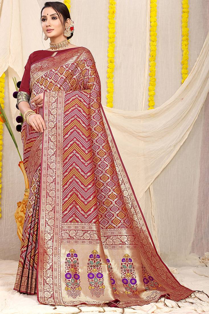 Maroon banarasi silk blend saree with bandhani patola print and zari border