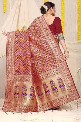 Maroon banarasi silk blend saree with bandhani patola print and zari border 2