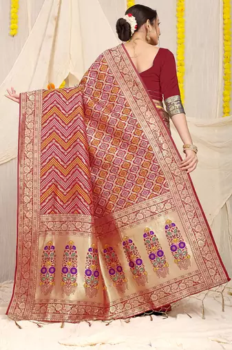 Maroon banarasi silk blend saree with bandhani patola print and zari border