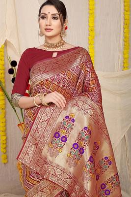 Maroon banarasi silk blend saree with bandhani patola print and zari border 3
