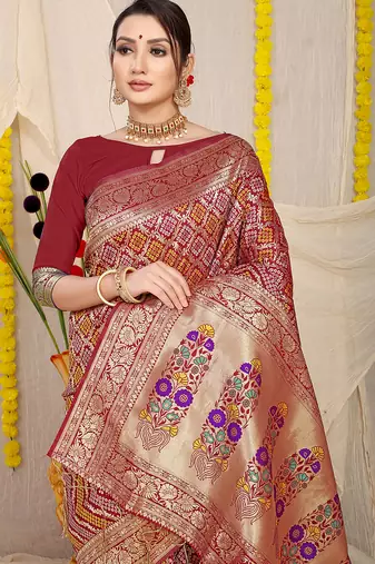 Maroon banarasi silk blend saree with bandhani patola print and zari border