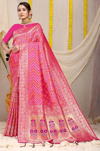 Rani pink banarasi silk blend saree with bandhani patola print and zari border