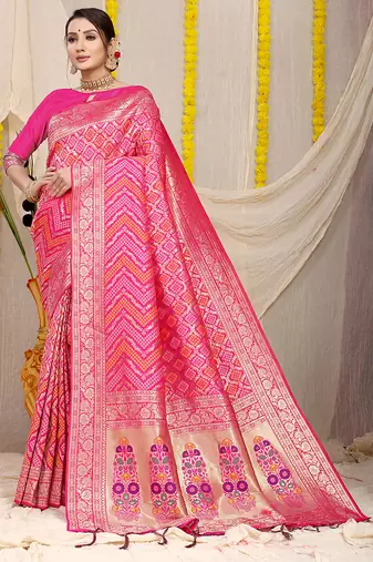 Rani pink banarasi silk blend saree with bandhani patola print and zari border