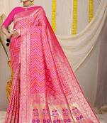 Rani pink banarasi silk blend saree with bandhani patola print and zari border