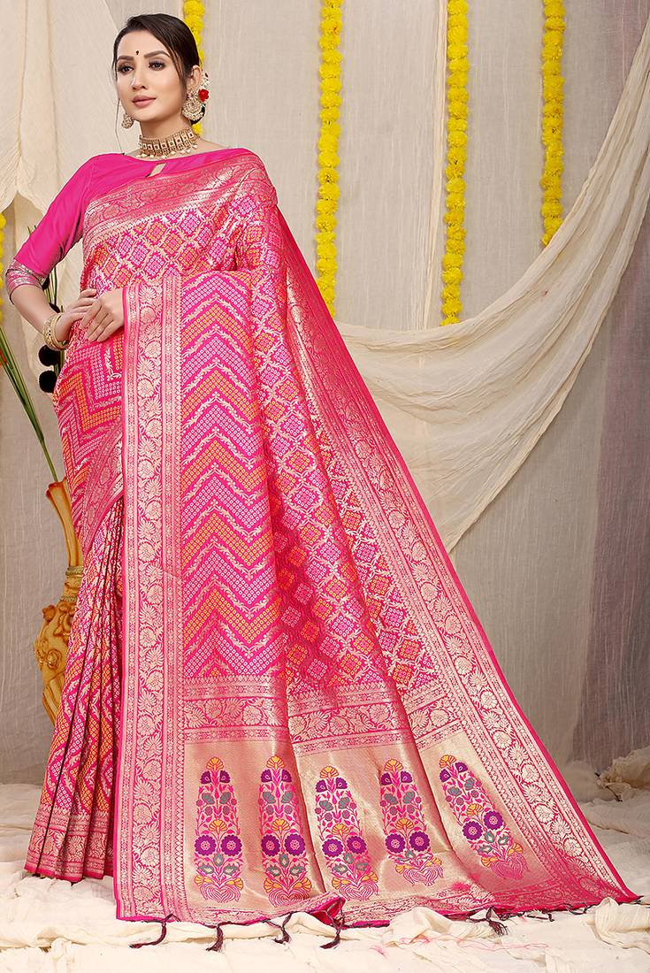 Rani pink banarasi silk blend saree with bandhani patola print and zari border