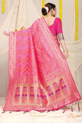 Rani pink banarasi silk blend saree with bandhani patola print and zari border 2