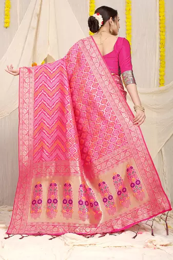 Rani pink banarasi silk blend saree with bandhani patola print and zari border