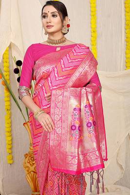 Rani pink banarasi silk blend saree with bandhani patola print and zari border 3