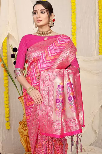 Rani pink banarasi silk blend saree with bandhani patola print and zari border