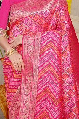 Rani pink banarasi silk blend saree with bandhani patola print and zari border 4