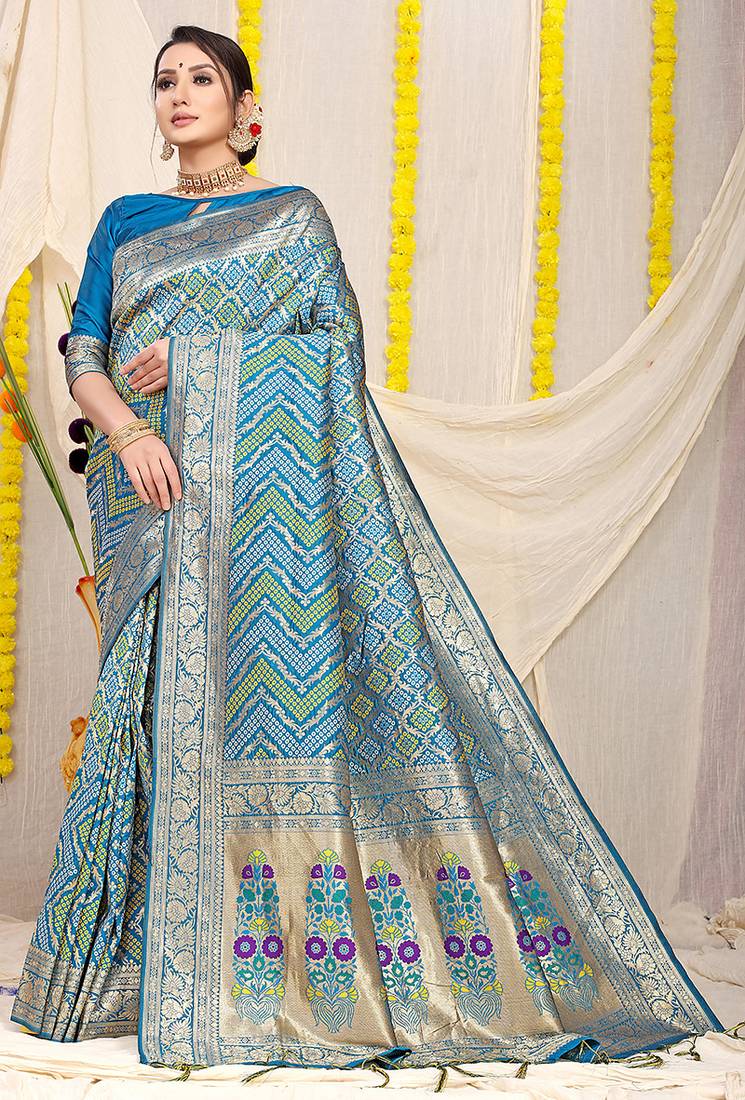 Aqua blue banarasi silk blend saree with bandhani patola print and zari border