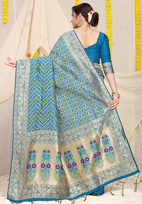 Aqua blue banarasi silk blend saree with bandhani patola print and zari border 2