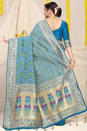 Aqua blue banarasi silk blend saree with bandhani patola print and zari border