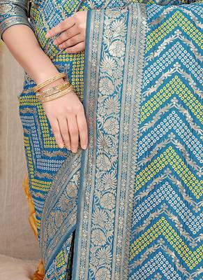 Aqua blue banarasi silk blend saree with bandhani patola print and zari border 4
