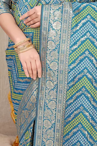 Aqua blue banarasi silk blend saree with bandhani patola print and zari border