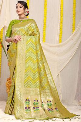 Lime green banarasi silk blend saree with bandhani patola print and zari border 1