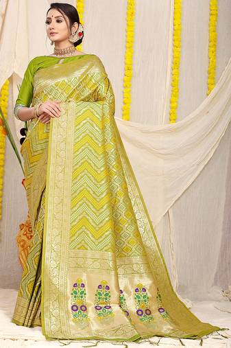 Lime green banarasi silk blend saree with bandhani patola print and zari border