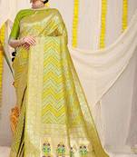 Lime green banarasi silk blend saree with bandhani patola print and zari border