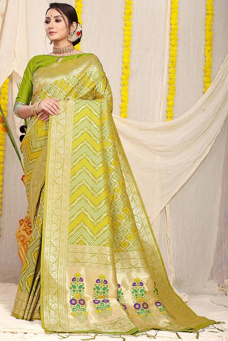 Lime green banarasi silk blend saree with bandhani patola print and zari border