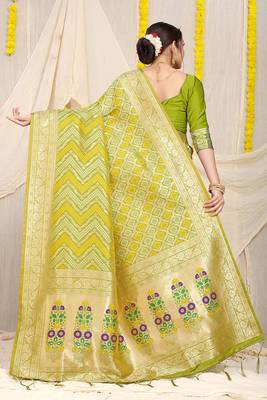 Lime green banarasi silk blend saree with bandhani patola print and zari border 2