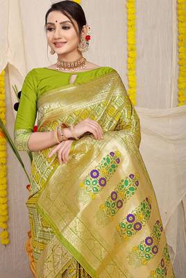 Lime green banarasi silk blend saree with bandhani patola print and zari border 3