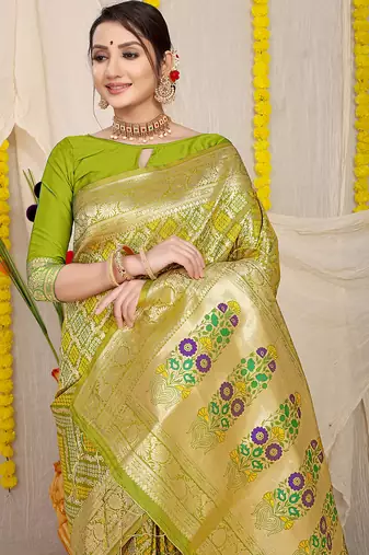 Lime green banarasi silk blend saree with bandhani patola print and zari border