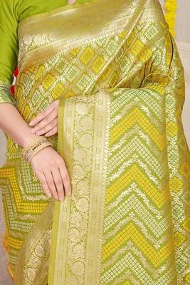 Lime green banarasi silk blend saree with bandhani patola print and zari border 4