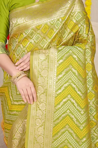 Lime green banarasi silk blend saree with bandhani patola print and zari border
