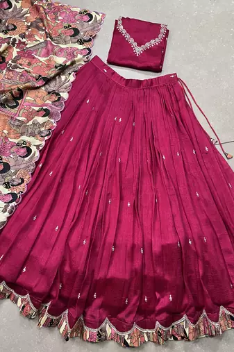 Raani pink Charm in Vichitra silk blend Sequins Embroidery with Kalamkari Border