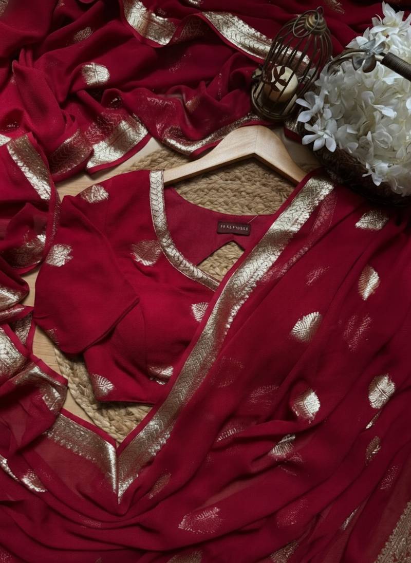Red Color zari Weaving jaquard Saree