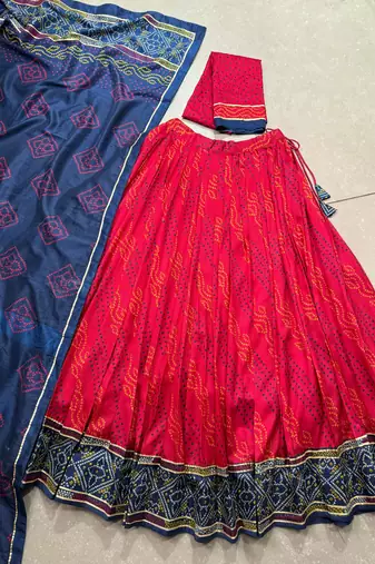 Bandhej Print Tasar Silk Lehenga Choli with Gotta Patti Touch Up