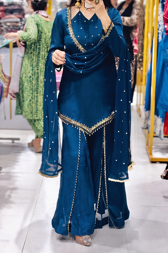 Teal blue silk blend  kurti set with palazzo & dupatta