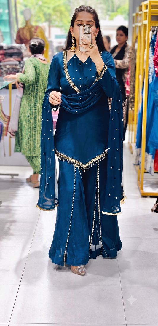 Teal blue silk blend  kurti set with palazzo & dupatta