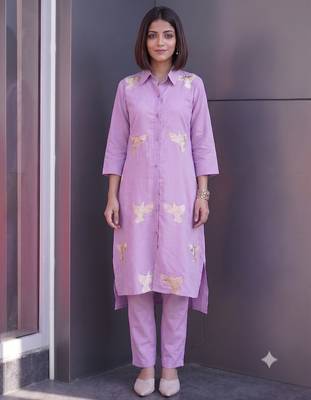 Modern lavender collared kurti set with gold bird embroidery 1