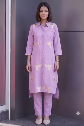 Modern lavender collared kurti set with gold bird embroidery