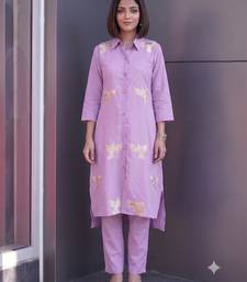 Modern lavender collared kurti set with gold bird embroidery
