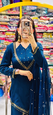 Teal blue silk blend  kurti set with palazzo & dupatta 2