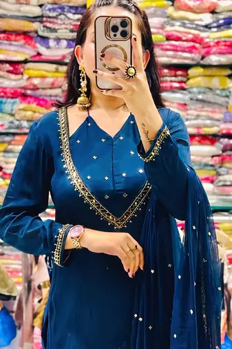 teal blue silk blend  kurti set with palazzo & dupatta