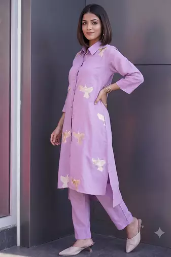 Modern lavender collared kurti set with gold bird embroidery